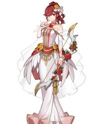 Rule 34 | 1girl, anna (fire emblem), bare shoulders, bow (weapon), breasts, detached sleeves, dress, feather trim, fire emblem, fire emblem awakening, fire emblem heroes, full body, gold trim, gradient clothes, hair ornament, halterneck, highres, holding, holding bow (weapon), holding weapon, konfuzikokon, long dress, long hair, looking at viewer, medium breasts, nintendo, non-web source, official art, ponytail, red eyes, red hair, solo, standing, stuffed animal, stuffed toy, teddy bear, transparent background, weapon, wedding dress, white dress