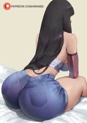 Rule 34 | 1girl, alternate costume, araneesama, ass, backboob, bandeau, black gloves, black hair, breasts, commentary, denim, denim shorts, elbow gloves, elbow on thigh, floral print, from behind, gloves, hyuuga hinata, large breasts, leaning forward, long hair, mature female, naruto, naruto (series), naruto shippuuden, on bed, patreon username, shorts, solo, thighs