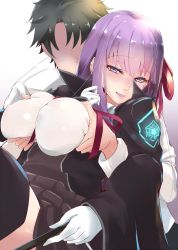 Rule 34 | 1boy, 1girl, bb (fate), bb (fate/extra), black coat, black hair, black skirt, blush, grabbing another&#039;s breast, breasts, chaldea uniform, coat, endou (zettai bluenoid), fate/extra, fate/extra ccc, fate (series), fujimaru ritsuka (male), gloves, grabbing, hair ribbon, hetero, high-waist skirt, highres, large breasts, leotard, long hair, long sleeves, looking at viewer, neck ribbon, open clothes, open coat, popped collar, purple eyes, purple hair, red ribbon, ribbon, shirt, short hair, skirt, smile, thighs, tongue, tongue out, very long hair, wand, white gloves, white leotard, white shirt, wide sleeves