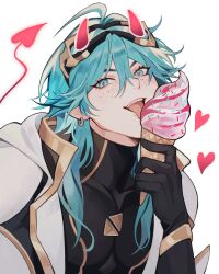 Rule 34 | 0nashiro, 1boy, androgynous, aqua eyes, aqua hair, arena of valor, black shirt, demon horns, demon tail, drawn horns, drawn tail, earrings, freckles, heart, highres, horns, jacket, jewelry, laville (arena of valor), long sleeves, male focus, multicolored hair, open mouth, shirt, solo, tail, teeth, tongue, tongue out, white background, white jacket