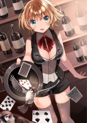 Rule 34 | 1girl, bad id, bad pixiv id, bird, blonde hair, blush, breasts, card, cleavage, detached collar, grey thighhighs, hat, hat ribbon, highres, looking at viewer, original, playing card, ribbon, shigure ui, short hair, shorts, solo, thighhighs, top hat