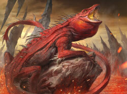 Rule 34 | animal focus, breath weapon, breathing fire, brown sky, claws, cloud, commentary, company name, copyright notice, embers, english commentary, fantasy, fire, from side, lava, lizard, magic: the gathering, manzanedo, monster, no humans, on rock, open mouth, orange eyes, outdoors, overcast, realistic, rock, sharp teeth, sky, slit pupils, solo, spikes, spitfire lagac, tail, teeth