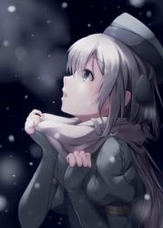 Rule 34 | 10s, 1girl, black gloves, blue eyes, breath, cropped jacket, eyebrows, eyelashes, from side, garrison cap, gloves, hat, highres, kantai collection, long hair, looking up, nicoby, profile, scarf, silver hair, snowing, solo, u-511 (kancolle), upper body, white scarf, winter