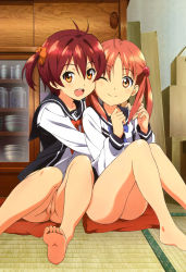 Rule 34 | 2girls, absurdres, ahoge, ass, barefoot, bottomless, brown eyes, cleft of venus, feet, full cleft, hair bobbles, hair ornament, happy, highres, isshiki akane, isshiki momo, legs, multiple girls, no shoes, nude filter, nyantype, one eye closed, pussy, red hair, sano keiichi, school uniform, scrunchie, serafuku, side ponytail, smile, soles, third-party edit, toes, twintails, uncensored, vividred operation, wink, yuri