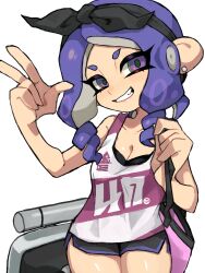 Rule 34 | 1girl, absurdres, bag, black hairband, black shorts, blush, breasts, cleavage, dolphin shorts, ear piercing, grin, hairband, highres, ikachan pochan, looking at viewer, medium breasts, medium hair, nintendo, octoling girl, octoling player character, piercing, purple eyes, purple hair, short shorts, shorts, simple background, smile, solo, splatoon (series), tank top, tentacle hair, w, white background