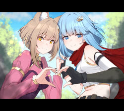 Rule 34 | 2girls, animal ear fluff, animal ears, armlet, belt, black belt, black gloves, black nails, blue eyes, blue hair, blurry, blurry background, bow, bowtie, breasts, cape, cat ears, cat girl, character request, cleavage, commission, crop top, crown hair ornament, detached sleeves, dress, fingerless gloves, gloves, gold trim, heart, heart hands, highres, holding hands, indie virtual youtuber, light brown hair, medium breasts, medium hair, multiple girls, navel, niqoni (vtuber), purple dress, red cape, see-through, see-through cleavage, shirt, sleeveless, sleeveless shirt, small breasts, valefal coneri, vgen commission, virtual youtuber, white shirt, yellow bow, yellow bowtie