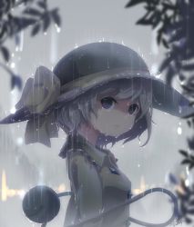 Rule 34 | 1girl, :|, arms at sides, artist name, black hat, blouse, buttons, closed mouth, commentary, crying, crying with eyes open, dated, diamond button, empty eyes, frilled shirt collar, frills, from side, grey eyes, grey hair, hat, hat ribbon, highres, komeiji koishi, leaf, looking at viewer, looking to the side, rain, ribbon, shirt, short hair, solo, streaming tears, tami (joemanyodw), tears, third eye, touhou, upper body, wet, wet clothes, yellow ribbon, yellow shirt