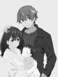 Rule 34 | 10s, 1boy, 2girls, baby, black hair, blue eyes, blue shirt, breasts, grey jacket, greyscale, gridman universe, hand on another&#039;s head, hetero, hibiki yuuta, holding, if they mated, jacket, long hair, looking at viewer, medium breasts, monochrome, multiple girls, night, open clothes, open jacket, pink shirt, red hair, shirt, short hair, ssss.gridman, takarada rikka