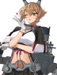 Rule 34 | 1girl, black skirt, breasts, brown hair, chain, crop top, gloves, green eyes, hair between eyes, headgear, heart, highres, kantai collection, large breasts, machi (ritovoyage), midriff, mutsu (kancolle), mutsu kai ni (kancolle), one eye closed, parted lips, pleated skirt, rigging, short hair, simple background, skirt, solo, tassel, twitter username, white background, white gloves