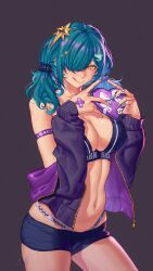 Rule 34 | 1girl, :q, absurdres, armband, bandaid, bike shorts, breasts, green hair, hair ornament, hair over one eye, highres, jacket, kitakoji hisui, large breasts, long sleeves, looking at viewer, midriff, navel, nijisanji, off shoulder, open clothes, open jacket, orewajedman, shark hair ornament, solo, sports bra, tongue, tongue out, twintails, valentine, virtual youtuber, yellow eyes