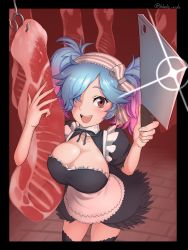 Rule 34 | 1girl, absurdres, blade ride, blue hair, breasts, butcher knife, cleavage, fire emblem, fire emblem fates, food, highres, holding, large breasts, maid, meat, multicolored hair, nintendo, open mouth, peri (fire emblem), pink hair, red eyes, solo, twintails