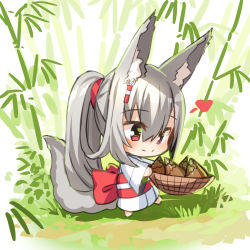 Rule 34 | 1girl, animal ear fluff, animal ears, bamboo, bamboo shoot, barefoot, basket, bow, chibi, closed mouth, commentary request, day, fox ears, fox girl, fox tail, from side, grey hair, hair between eyes, heart, highres, holding, holding basket, japanese clothes, kimono, long sleeves, obi, original, outdoors, ponytail, red bow, red eyes, sash, smile, solo, tail, walking, white kimono, wide sleeves, yuuji (yukimimi)