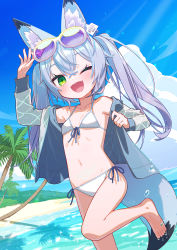 Rule 34 | 1girl, ;d, animal ear fluff, animal ears, barefoot, beach, bikini, blue sky, breasts, cloud, commentary request, day, eyewear on head, fang, hand up, highres, looking at viewer, ocean, one eye closed, open mouth, original, outdoors, palm tree, sky, small breasts, smile, solo, sunglasses, sunlight, swimsuit, tail, tree, uchako, water, white bikini