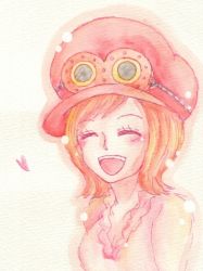 Rule 34 | 1girl, closed eyes, goggles, goggles on headwear, gradient background, hat, heart, koala (one piece), lowres, one piece, open mouth, short hair, smile, solo