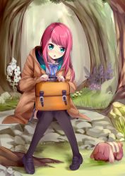 Rule 34 | 1girl, animal, bad id, bad pixiv id, bag, black footwear, black thighhighs, blue eyes, blue ribbon, brown coat, coat, day, forest, full body, grey shirt, highres, kureha (angelite), long hair, miniskirt, nature, neck ribbon, open clothes, open coat, open mouth, original, outdoors, pink hair, pleated skirt, ribbon, school uniform, shirt, shoes, skirt, solo, thighhighs, tree, zettai ryouiki