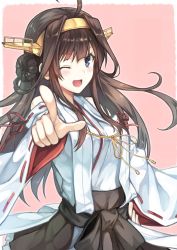 Rule 34 | 10s, 1girl, ;d, ahoge, blue eyes, blush, brown hair, detached sleeves, hairband, hiten (hitenkei), kantai collection, kongou (kancolle), long hair, nontraditional miko, one eye closed, open mouth, personification, pink background, pointing, smile, solo, very long hair, wide sleeves, wink