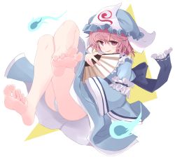 Rule 34 | 1girl, bare legs, barefoot, blue kimono, feet, foot focus, frilled kimono, frills, ghost, greek toe, hand fan, hat, highres, hitodama, japanese clothes, kahlua (artist), kimono, legs, long sleeves, looking at viewer, mob cap, pink eyes, pink hair, red eyes, saigyouji yuyuko, short hair, simple background, soles, toes, touhou, triangular headpiece, wavy hair, white background, wide sleeves