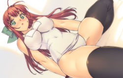 Rule 34 | 1girl, :o, blush, bow, breasts, brown hair, green eyes, hair bow, hair ribbon, impossible clothes, impossible shirt, impossible swimsuit, large breasts, one-piece swimsuit, ootomo takuji, original, red hair, ribbon, school swimsuit, shirt, solo, sweatdrop, swimsuit, thighhighs, white school swimsuit, white one-piece swimsuit