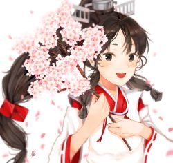 Rule 34 | 1girl, black eyes, black hair, blush, branch, flower, hair ribbon, headgear, high ponytail, highres, holding, japanese clothes, jitsukawa ashi, kantai collection, long hair, long sleeves, low-tied long hair, nisshin (kancolle), open mouth, petals, pink flower, ponytail, ribbon, ribbon-trimmed sleeves, ribbon trim, short eyebrows, signature, simple background, solo, upper body, white background, wide sleeves