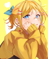 Rule 34 | 1girl, absurdres, aqua bow, blonde hair, blue eyes, bow, cheek rest, commentary, earrings, eyelashes, hair bow, hair ornament, hairclip, hands on own cheeks, hands on own face, head rest, highres, inubangarou, jewelry, kagamine rin, leaning forward, light blush, looking at viewer, parted lips, short ponytail, sidelocks, sideways glance, sleeves past wrists, solo, surprised, sweater, vocaloid, yellow background, yellow sweater