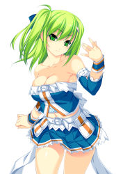 Rule 34 | 1girl, bare shoulders, beatmania, beatmania iidx, belt, blush, bow, breasts, cleavage, collarbone, detached sleeves, female focus, green eyes, green hair, hair bow, hair ornament, hairclip, kinoshita ichi, kitami erika, long hair, looking at viewer, matching hair/eyes, midriff, navel, pleated skirt, simple background, skirt, smile, solo, standing, thighs, white background, wrist cuffs