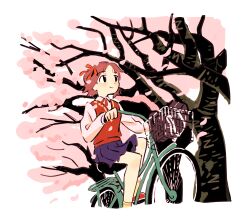 Rule 34 | 1girl, amami haruka, bag, unworn bag, bicycle, bicycle basket, blue skirt, brown hair, cherry blossoms, clenched hand, closed mouth, collared shirt, dot nose, falling petals, floating hair, foot out of frame, hair ribbon, hands up, highres, idolmaster, idolmaster (classic), iwashi iwashimo, long sleeves, looking ahead, neck ribbon, outdoors, petals, pleated skirt, red footwear, red ribbon, red sweater vest, ribbon, riding, riding bicycle, school bag, school uniform, shirt, short hair, skirt, smile, socks, solo, spring (season), sweater vest, tree, wind, wing collar, yellow socks