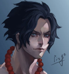 Rule 34 | 1boy, black hair, blue eyes, freckles, jewelry, male focus, necklace, one piece, ping (caoyanping198793), portgas d. ace, portrait, simple background, solo