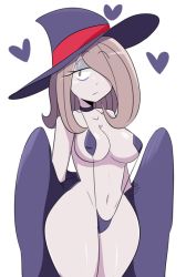 Rule 34 | 10s, 1girl, bags under eyes, belt, bikini, breasts, brown eyes, cape, choker, cleavage, collarbone, colored skin, expressionless, eyelashes, eyeshadow, grey skin, hair over one eye, hands up, hat, heart, jinu (jinusenpai), legs, legs together, little witch academia, makeup, navel, one-piece swimsuit, pink hair, purple bikini, purple cape, red belt, slingshot swimsuit, solo, stomach, sucy manbavaran, swimsuit, white background, wide hips, witch hat