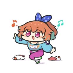Rule 34 | 1girl, :d, arm up, bird, blue shirt, blush stickers, bow, chibi, chicken, dancing, earrings, full body, hair bow, hololive, hololive english, hoop earrings, jewelry, kfp employee (takanashi kiara), leotard, musical note, open mouth, orange hair, pantyhose, print shirt, purple eyes, purple pantyhose, shirt, simple background, smile, spoken musical note, takanashi kiara, takanashi kiara (7th costume), underdatv, virtual youtuber, white background, white leotard
