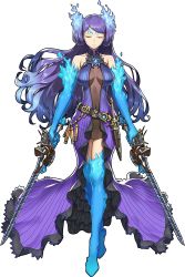 Rule 34 | 1girl, absurdres, breasts, brighid (xenoblade), closed mouth, collarbone, dual wielding, closed eyes, fire, full body, highres, holding, knife, long hair, medium breasts, navel, official art, purple hair, saitou masatsugu, solo, sword, transparent background, very long hair, weapon, xenoblade chronicles (series), xenoblade chronicles 2