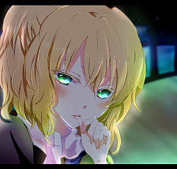 Rule 34 | 1girl, bad id, bad pixiv id, blonde hair, close-up, colored eyelashes, female focus, green eyes, letterboxed, lips, mizuhashi parsee, multicolored eyes, scarf, solo, sui (camellia), touhou