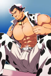 Rule 34 | 1boy, abs, animal ears, animal print, bara, bare pectorals, bell, bulge, chinese zodiac, cow boy, cow ears, cow horns, cow print, crotchless, crotchless pants, facial hair, feet out of frame, highres, horns, jacket, kito (clamp5656), large pectorals, male focus, mature male, muscular, muscular male, navel, navel hair, neck bell, nipples, one eye closed, open clothes, open jacket, original, paid reward available, pants, pectorals, print jacket, print pants, seductive smile, short hair, sideburns, smile, solo, spread legs, stomach, stubble, superman exposure, textless version, thick thighs, thighs, undressing, year of the ox