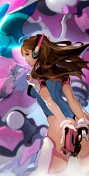 Rule 34 | 1girl, adapted costume, akito1179, arm cannon, armor, arms behind back, ass, blizzard (company), blue leotard, boots, bracer, breasts, brown eyes, brown hair, closed mouth, covered erect nipples, d.va (overwatch), finger on trigger, from behind, gatling gun, gloves, gun, headphones, highleg, highleg leotard, holding, holding gun, holding weapon, legs apart, leotard, lips, long hair, looking at viewer, looking back, mecha, medium breasts, meka (overwatch), nose, overwatch, overwatch 1, pauldrons, robot, shoulder armor, shoulder blades, shoulder pads, skin tight, solo, thigh boots, thigh strap, thighhighs, thong, thong leotard, weapon, white footwear, white gloves