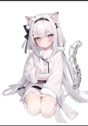 Rule 34 | 1girl, animal ear fluff, animal ears, blue eyes, blush, closed mouth, fur trim, hairband, hakua aa, leopard ears, leopard tail, long hair, long sleeves, looking at viewer, original, simple background, sitting, skirt, solo, tail, thighhighs, very long hair, white background, white hair, white skirt, white thighhighs