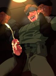 4boys ahegao bara big_boss blush cum erection evil_grin evil_smile forced grin headband highres metal_gear_(series) metal_gear_solid multiple_boys penis penis_grab restrained smile smith_(ardp13) sweat tongue yaoi