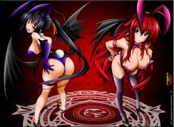 Rule 34 | 10s, 2girls, absurdres, animal ears, arm strap, ass, bare shoulders, bent over, black hair, black wings, blue eyes, blush, breasts, detached collar, elbow gloves, fake animal ears, female focus, gloves, hair between eyes, hand on own hip, heart, high school dxd, highres, himejima akeno, kneepits, large breasts, leaning forward, long hair, looking at viewer, looking back, multiple girls, open mouth, playboy bunny, ponytail, purple eyes, rabbit ears, rabbit tail, red hair, rias gremory, smile, standing, tail, thigh strap, thighhighs, very long hair, wings, wrist cuffs, zipper