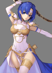 Rule 34 | 1girl, :o, absurdres, arm up, armor, armpits, blue eyes, blue hair, breastplate, breasts, catria (fire emblem), covered navel, cowboy shot, dress, elbow gloves, faulds, fire emblem, fire emblem heroes, gloves, grey background, hako momiji, head tilt, highres, holding, holding sword, holding weapon, looking at viewer, medium breasts, nintendo, open mouth, outstretched arm, parted bangs, pauldrons, pelvic curtain, short hair, shoulder armor, simple background, solo, sword, thighhighs, thighs, waist cape, weapon, white dress, white gloves, white thighhighs
