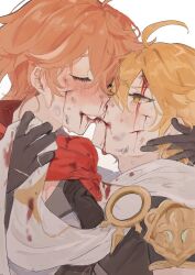 Rule 34 | 1boy, 1girl, aether (genshin impact), ahoge, blonde hair, blood, blood on face, blush, closed eyes, closed mouth, commentary request, genderswap, genderswap (mtf), genshin impact, gloves, injury, kiss, long hair, open mouth, orange hair, scarf, simple background, solo, tabibitowayo, tartaglia (genshin impact), white background, yellow eyes