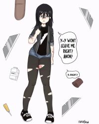 Rule 34 | 1girl, artist name, bandaid, bandaid on face, bandaid on nose, black eyes, black hair, black jacket, blood, blue shorts, bottle, cuts, english text, fluoride brain, full body, glue, highres, injury, jacket, medium hair, original, pale skin, pantyhose, razor blade, scar, self-harm scar, shoes, short shorts, shorts, signature, sleeves rolled up, sneakers, solo, torn clothes, torn pantyhose