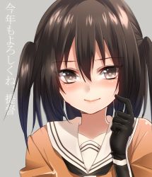 Rule 34 | 10s, 1girl, black gloves, blush, brown eyes, brown hair, finger to face, gloves, kantai collection, keita (tundereyuina), long hair, profile, sendai (kancolle), smile, solo, translation request, twintails, two side up