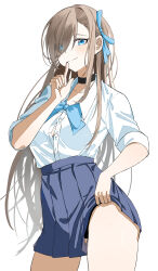 Rule 34 | 1girl, absurdres, asuna (blue archive), black choker, black panties, blue archive, blue bow, blue bowtie, blue eyes, blue ribbon, blue skirt, blush, bow, bowtie, brown hair, choker, closed mouth, clothes lift, collarbone, collared shirt, cowboy shot, eyes visible through hair, finger to mouth, hair over one eye, hair ribbon, hee (user ykux4248), high-waist skirt, highres, index finger raised, legs apart, lifted by self, long hair, long sleeves, looking at viewer, panties, panty peek, pleated skirt, ribbon, shirt, shirt tucked in, sidelocks, simple background, skirt, skirt lift, sleeves pushed up, smile, solo, thighs, underwear, white background, white shirt