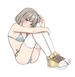 Rule 34 | 1girl, aa211108, angry, ass, bikini, blue bikini, blue eyes, blush, breasts, commentary, dot nose, grey hair, hand up, hugging own legs, idolmaster, idolmaster shiny colors, legs, looking at viewer, playing with own hair, serizawa asahi, shoes, short hair, sitting, small breasts, sneakers, solo, string bikini, swimsuit, thighhighs, thighs, white background, white thighhighs, yellow footwear