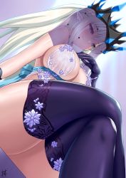Rule 34 | 1girl, artoria pendragon (fate), artoria pendragon (lancer alter) (fate), artoria pendragon (lancer alter) (royal icing) (fate), blue eyes, blush, braid, breasts, crossed legs, crown, fate/grand order, fate (series), from below, gloves, guriguri (arayotto4351), hair ornament, highres, large breasts, long hair, looking at viewer, looking down, morgan le fay (fate), morgan le fay (queen of winter) (fate), official alternate costume, parted lips, pointy ears, purple gloves, purple thighhighs, see-through, sideboob, sitting, smile, solo, thighhighs, thighs, veil