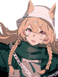 Rule 34 | 1girl, animal ears, arknights, black jacket, black scarf, blush, braid, ceobe (arknights), ceobe (unfettered) (arknights), dog ears, dog girl, ears through headwear, fang, hair between eyes, hat, highres, jacket, light brown hair, looking at viewer, official alternate costume, open mouth, red eyes, scarf, side braids, simple background, skin fang, solo, tetuw, upper body, white background, white hat
