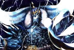 Rule 34 | 1boy, belt, black background, blue skin, blue theme, claws, colored skin, crown, electricity, fate/grand order, fate (series), glowing, glowing lines, ivan the terrible (fate), lightning, male focus, solo, spikes, tusks, ub1mo