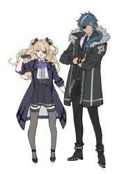 Rule 34 | 1boy, 1girl, adjusting hair, alternate costume, arm up, ascot, black bow, black coat, black gloves, black pants, black skirt, black suit, blonde hair, blue hair, bow, bracelet, chain, coat, commentary, dark-skinned male, dark skin, eyepatch, fischl (genshin impact), formal, full body, genshin impact, gloves, green eyes, hair bow, highres, jewelry, kaeya (genshin impact), layered clothes, long hair, looking at viewer, open clothes, open coat, open mouth, pants, ponytail, purple ascot, purple coat, shirt, sidelocks, simple background, skirt, sleeves rolled up, smile, spiked footwear, spring2013, suit, symbol-only commentary, teeth, two side up, upper teeth only, white background, white shirt