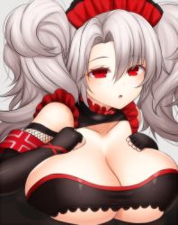 Rule 34 | 1girl, asamura hiori, azur lane, breasts, cleavage, gloves, grey hair, highres, huge breasts, looking at viewer, maid, maid headdress, open mouth, partially fingerless gloves, prinz adalbert (azur lane), red eyes, solo, twintails, underboob