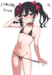 1girl absurdres animal_collar bikini bikini_pull black_bikini black_hair blush clothes_pull collar collarbone commentary cowboy_shot derivative_work flat_chest hair_between_eyes halterneck hand_up highres iwano_kenta long_hair love_live! micro_bikini navel open_mouth red_collar red_eyes simple_background smile solo stomach string_bikini sweat swimsuit teeth translation_request twintails white_background yazawa_nico