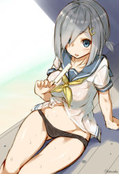 Rule 34 | 10s, 1girl, absurdres, alternate hairstyle, arm support, black panties, blue eyes, breasts, collarbone, food, from above, gluteal fold, grey hair, groin, hair ornament, hair over one eye, hairclip, hamakaze (kancolle), highres, holding, kantai collection, katoroku, looking at viewer, medium breasts, neckerchief, panties, popsicle, sailor collar, school uniform, see-through, serafuku, shirt, short ponytail, short sleeves, sitting, sketch, solo, swept bangs, tongue, tongue out, underwear, wet, wet clothes, wet shirt, wooden floor, yellow neckerchief