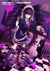 Rule 34 | 10s, 1girl, bad id, bad pixiv id, black hair, black thighhighs, blood, blood splatter, bonnet, card, celestia ludenberg, character name, checkered floor, claw ring, clock, cup, danganronpa: trigger happy havoc, danganronpa (series), drill hair, dutch angle, floor, gothic lolita, highres, light smile, lolita fashion, long hair, merontomari, monokuma, necktie, pink blood, playing card, red eyes, revision, roman numeral, spill, teacup, thighhighs, twin drills, twintails